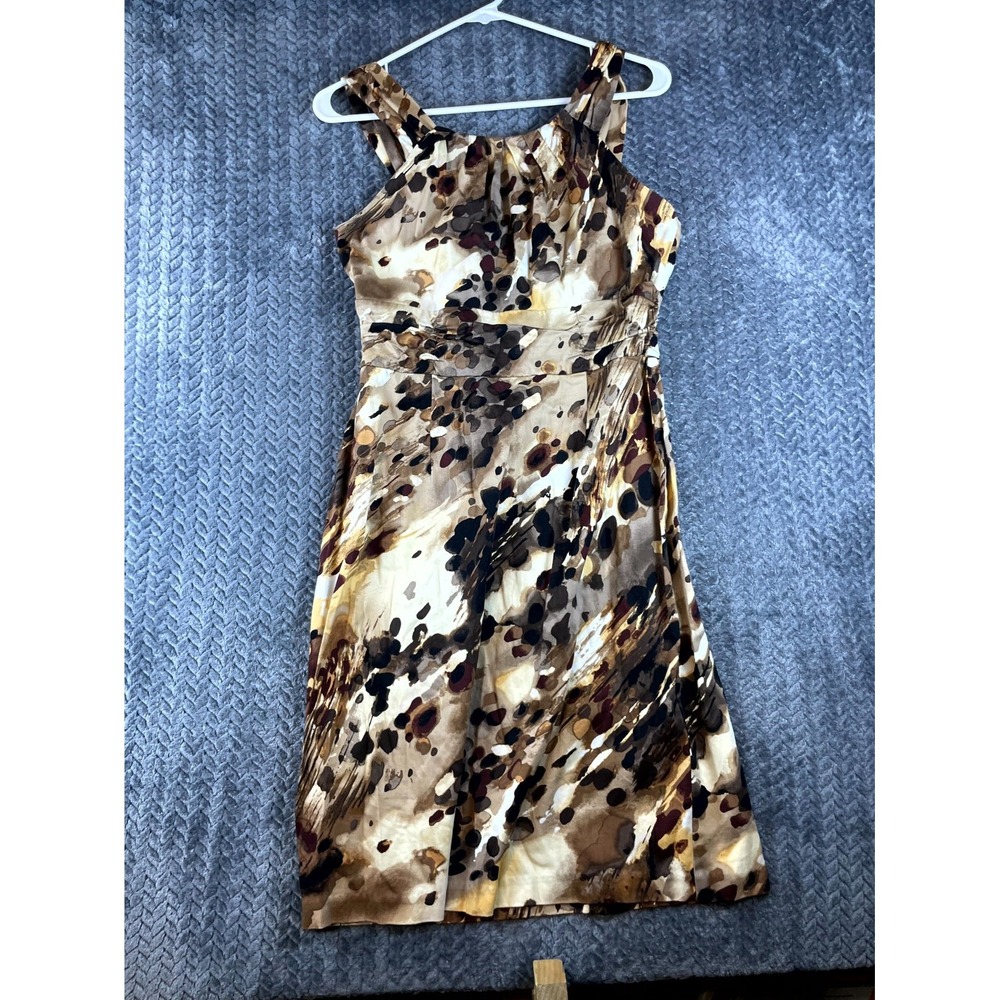 Connected Apparel A-Line Midi Dress Women 8 Tan & Brown Stretch Sleeveless Party